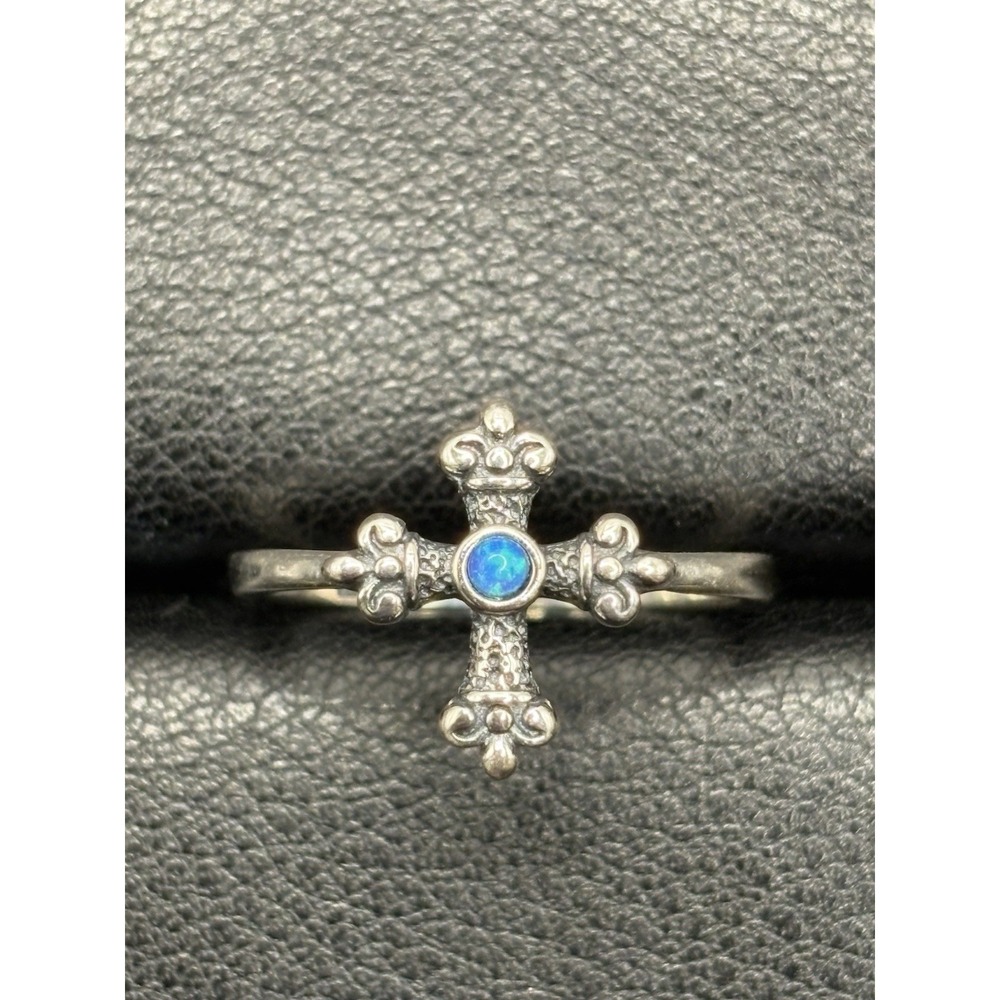 New Condition Sterling Silver Lab Blue Opal Cross Ring Size 7 G29